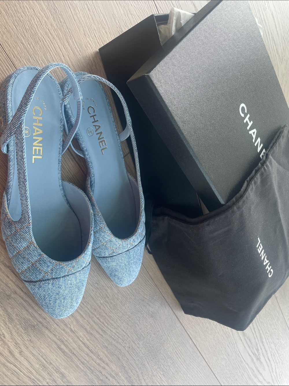 CHANEL Denim Quilted Slingback Flats in Light Blue - Picture 7 of 8